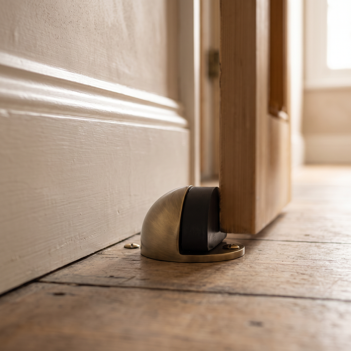 Floor Mounted Door Stop, Shield Design - Antique Brass | Alexander & Wilks - fitted on a door
