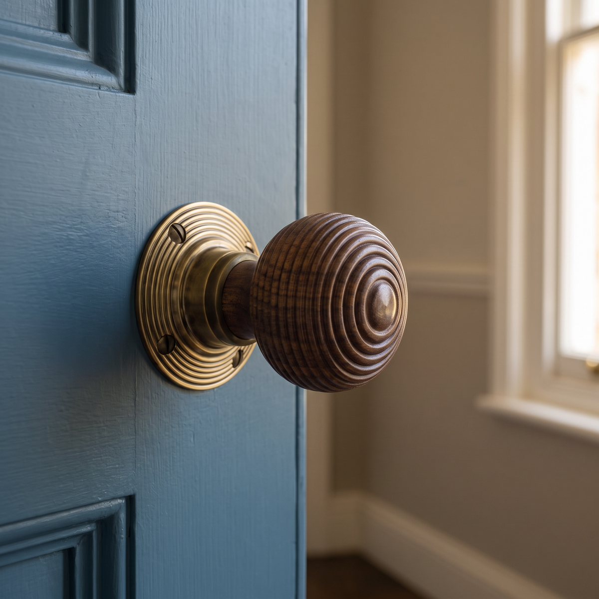 Rosewood Aged Brass Reeded Beehive Mortice Door Knobs - SB2116AB - fitted on a door
