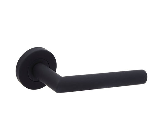 Matt Black 'Mitred Icon' Door Handles On Round Rose - B3410BP technical image