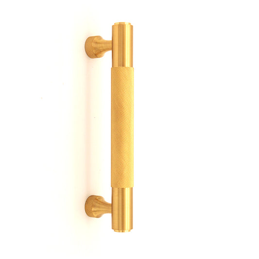Knurled Bar Cabinet Handle in Satin Brass, 360mm length, featuring a stylish cross knurl pattern, perfect for modern wardrobes and cupboards.