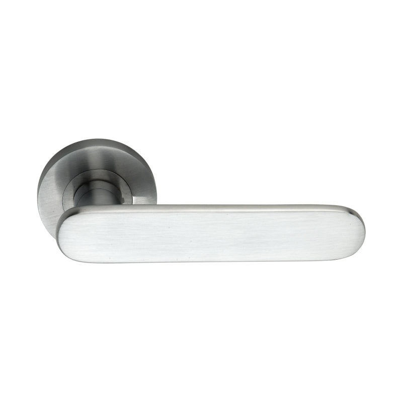 Skyla Lever Door Handle with Sprung Rose in Satin Chrome, 128mm, by Spira Brass, showcasing a stylish and functional design for doors.