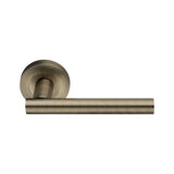 Jura Lever Door Handle in Matt Antique with Sprung Rose Design, 110 mm, by Spira Brass, showcasing contemporary style and functionality.