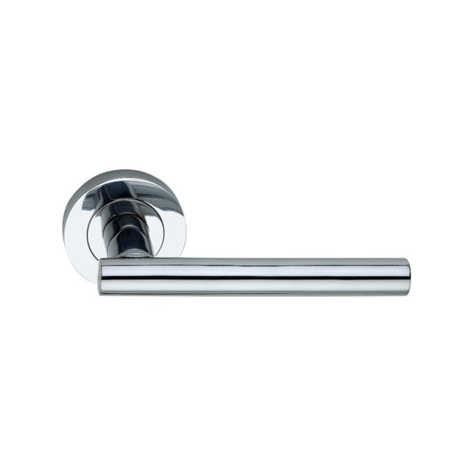 Jura Lever Door Handle in Polished Chrome with Contemporary Sprung Rose Design, 110 mm Lever Length, by Spira Brass.