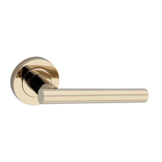 Jura Lever Door Handle in PVD Brass with a smooth touch finish, 110mm size, perfect for modern interior design.