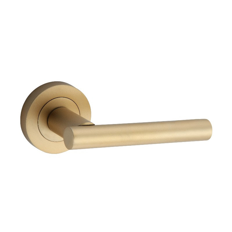 Jura Lever Door Handle in Satin Brass, 110mm, showcasing contemporary design and functional elegance for interior spaces.