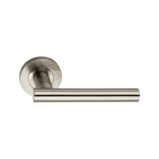 Jura Lever Door Handle in Satin Nickel with a smooth touch finish, 110 mm, designed for contemporary interiors by Spira Brass.