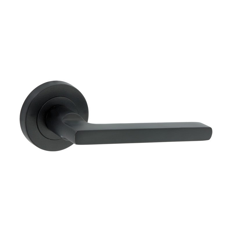 Drox Lever Door Handle in Matt Black finish, 110 mm, by Spira Brass, showcasing a modern design ideal for enhancing interior spaces.