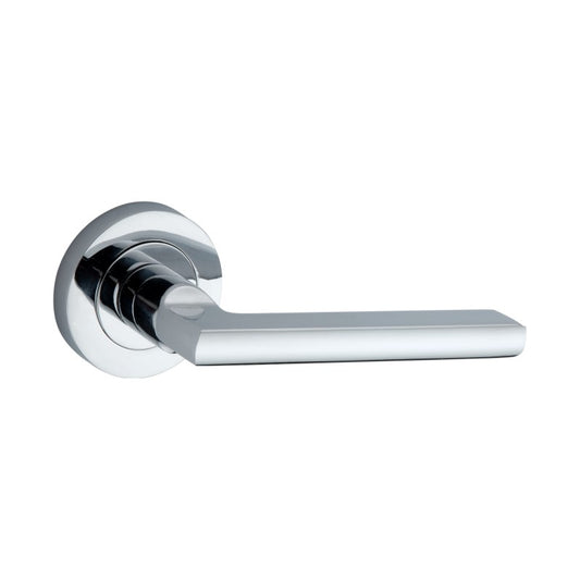 Drox Lever Door Handle in Polished Chrome, 110 mm, by Spira Brass, showcasing a sleek modern design ideal for enhancing interior spaces.
