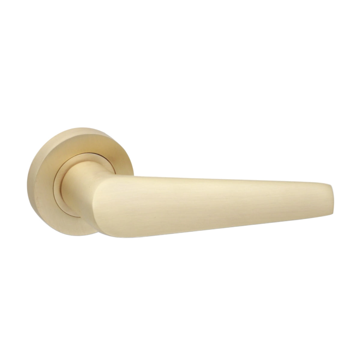 Aero Lever on Rose in Satin Brass with 143mm lever length, showcasing a contemporary design perfect for homeowners and trade professionals.