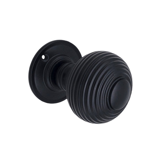Large Beehive Mortice Door Knob in Matt Black finish, 60mm size, showcasing a classic beehive design made of solid brass, perfect for enhancing home elegance.