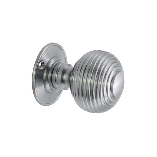 Large Beehive Mortice Door Knob in Satin Chrome, 60mm size, crafted from solid brass, showcasing an elegant unsprung design for enhanced home aesthetics.