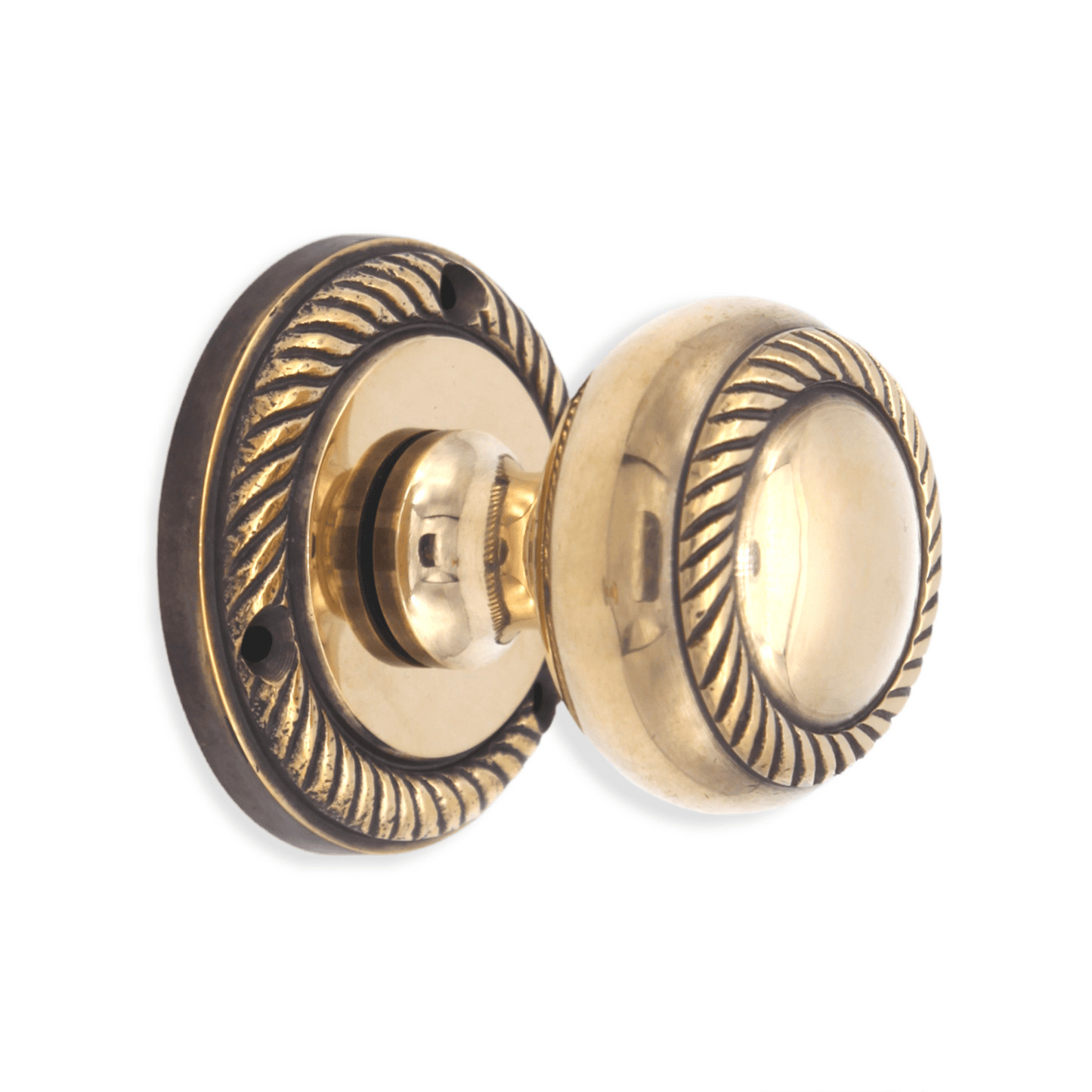 Georgian Mortice Door Knob in Aged Brass, 50mm diameter, featuring a heavy sprung design and modern twist etched style, perfect for adding elegance to any door.
