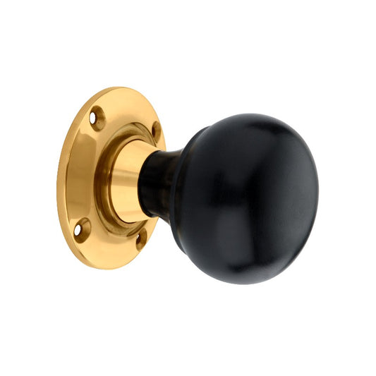 Ebony Bun mortice door knob with polished brass rose, 60mm diameter, featuring a classic mushroom shape, ideal for traditional and contemporary homes.