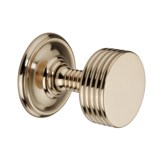Oxford Mortice Door Knob with Ribbed Texture in Polished Brass, 58mm diameter, showcasing elegance and durability for enhanced door aesthetics.