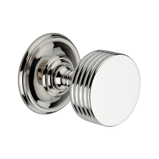 Mortice door knob with unique ribbed texture in polished nickel, 58mm diameter, from the Oxford range, enhancing modern interiors.