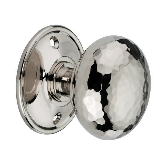 Hammered Cottage Large Mortice/Rim Door Knob in Polished Nickel finish, 55mm diameter, featuring a traditional mushroom bun shape and a unique hammered texture.