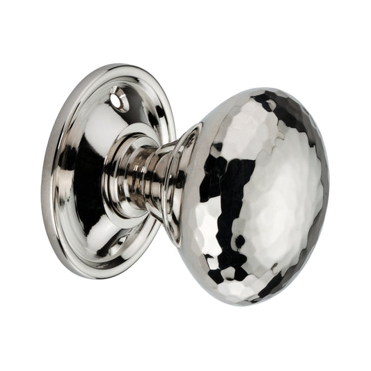 Hammered Mushroom Mortice/Rim Door Knob in Polished Nickel, 50mm size, showcasing a unique design by Spira Brass for an elegant home aesthetic.