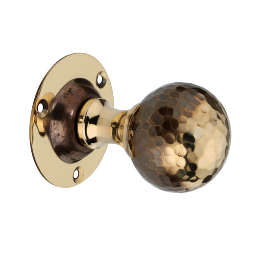 Hammered Ball Mortice Door Knob in Aged Brass with a 44mm diameter knob and 60mm diameter rose, showcasing a unique hand-hammered texture for added elegance.