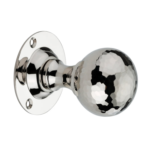 Hammered Ball Mortice Door Knob in Polished Nickel, featuring solid brass construction and a hand-hammered texture, 44mm diameter knob with a 60mm diameter rose from the Spira Brass range.