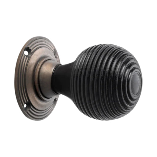 Ebonised Beehive Mortice/Rim Door Knob in Matt Antique finish, 55mm diameter, showcasing Victorian elegance and timeless style from Spira Brass.