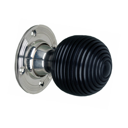 Ebonised Beehive Mortice/Rim Door Knob in Polished Nickel, 55mm diameter, featuring a classic design by Spira Brass.