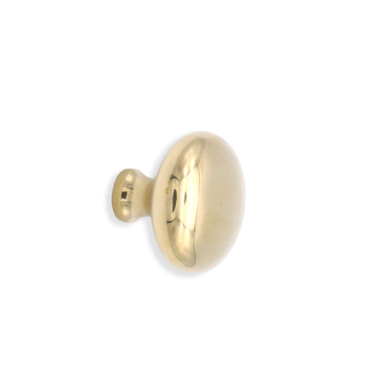Mushroom cupboard knob in polished brass unlacquered, 32mm ergonomic design by Spira Brass, perfect for enhancing cabinetry.
