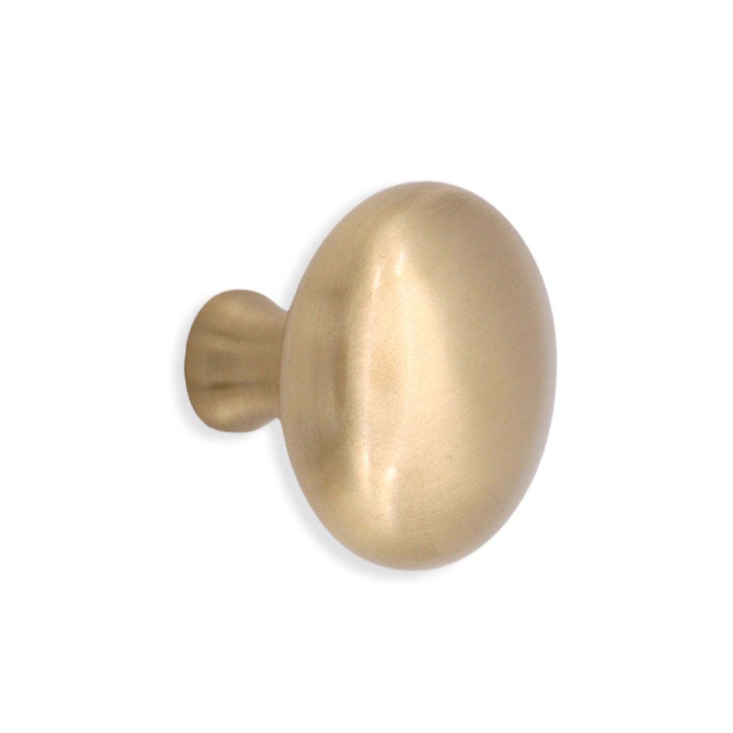 Mushroom cupboard knob in satin brass, 38mm ergonomic design by Spira Brass, enhancing cupboard aesthetics and functionality.