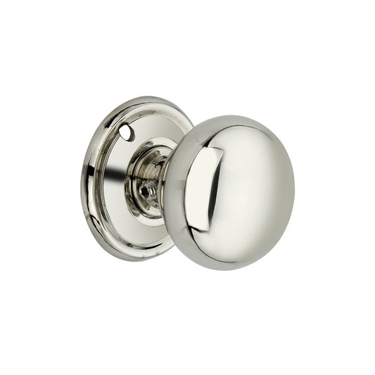 Small Cottage Mortice/Rim Door Knob in Polished Nickel with Mushroom Bun Shape, 40mm size, showcasing traditional charm and modern durability from Spira Brass.