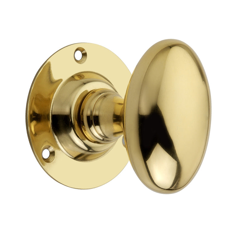 Oval Mortice Door Knob in Polished Brass, 60mm size, featuring an unsprung design for a classic and elegant home aesthetic.