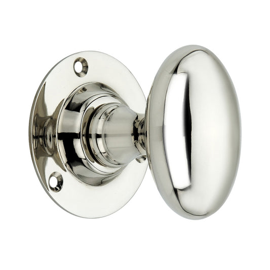Oval Mortice Door Knob in Polished Nickel, 60mm size, crafted from solid brass, perfect for enhancing traditional and modern interiors.