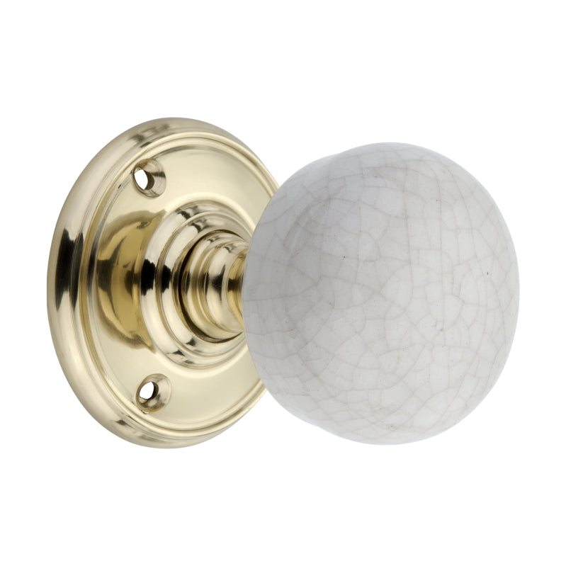 Crackled Porcelain Mortice Door Knob in Polished Brass, 60mm diameter, showcasing classic elegance and modern durability for interior design enhancement.