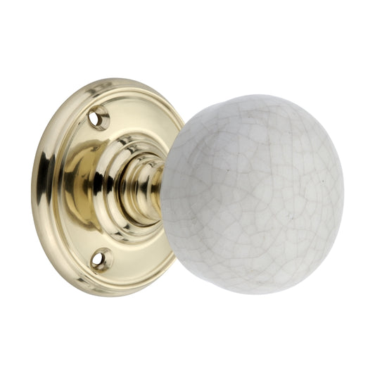 Crackled Porcelain Mortice Door Knob in Polished Brass, 60mm diameter, showcasing classic elegance and modern durability for interior design enhancement.