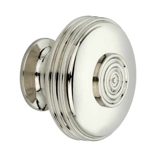 Large polished nickel cupboard knob with reeded texture, 41mm size, by Spira Brass, designed for contemporary cabinetry.