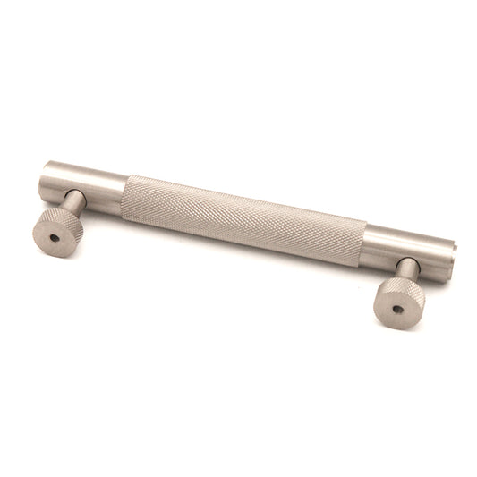 Knurled Bar Cabinet Handle in Satin Silver, 160mm, crafted from solid brass with a unique cross knurl pattern, perfect for modern cabinetry.