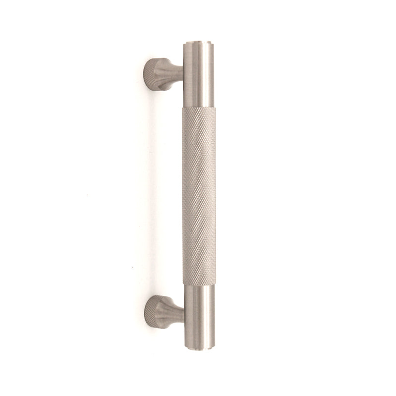Knurled Bar Cabinet Handle in Satin Silver, medium size, crafted from solid brass, perfect for enhancing wardrobes, cupboards, and drawers.