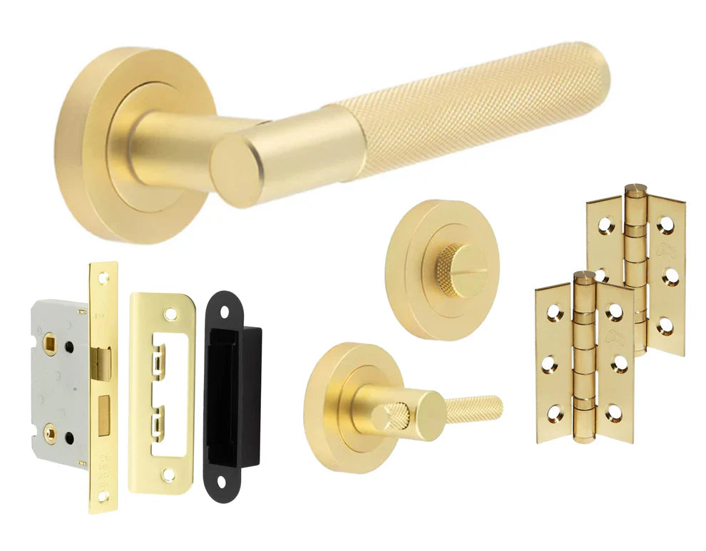 Knurled Satin Brass Door Handle Packs - Complete Kits