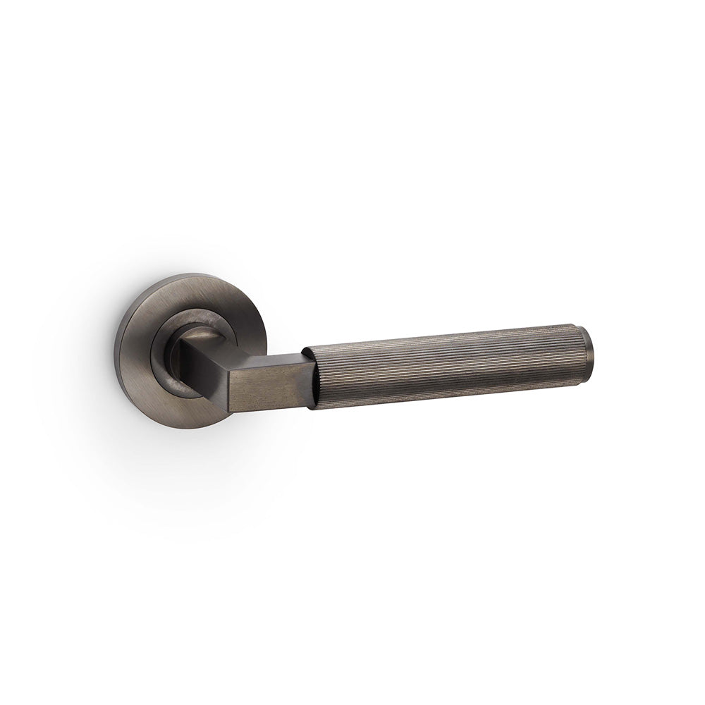 Hurricane Reeded Lever Door Handle on Rose – Dark Bronze PVD