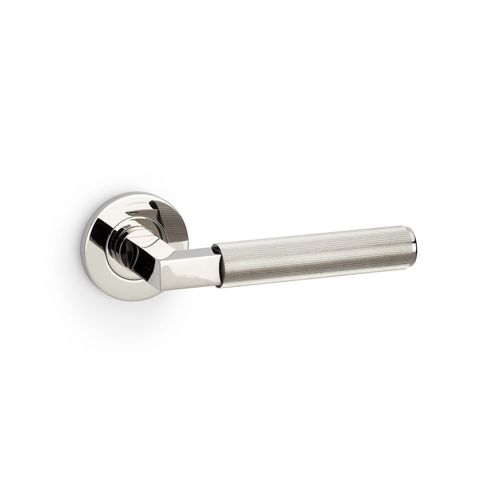 Hurricane Reeded Lever Door Handle on Rose – Polished Nickel PVD