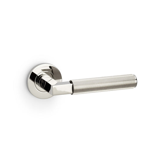 Hurricane Reeded Lever Door Handle on Rose – Polished Nickel PVD