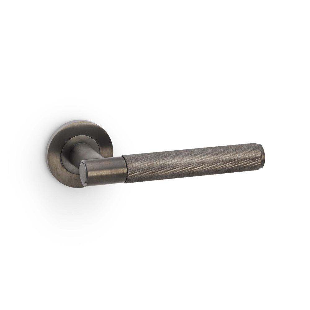 Spitfire Knurled Lever Door Handle on Round Rose - Dark Bronze PVD