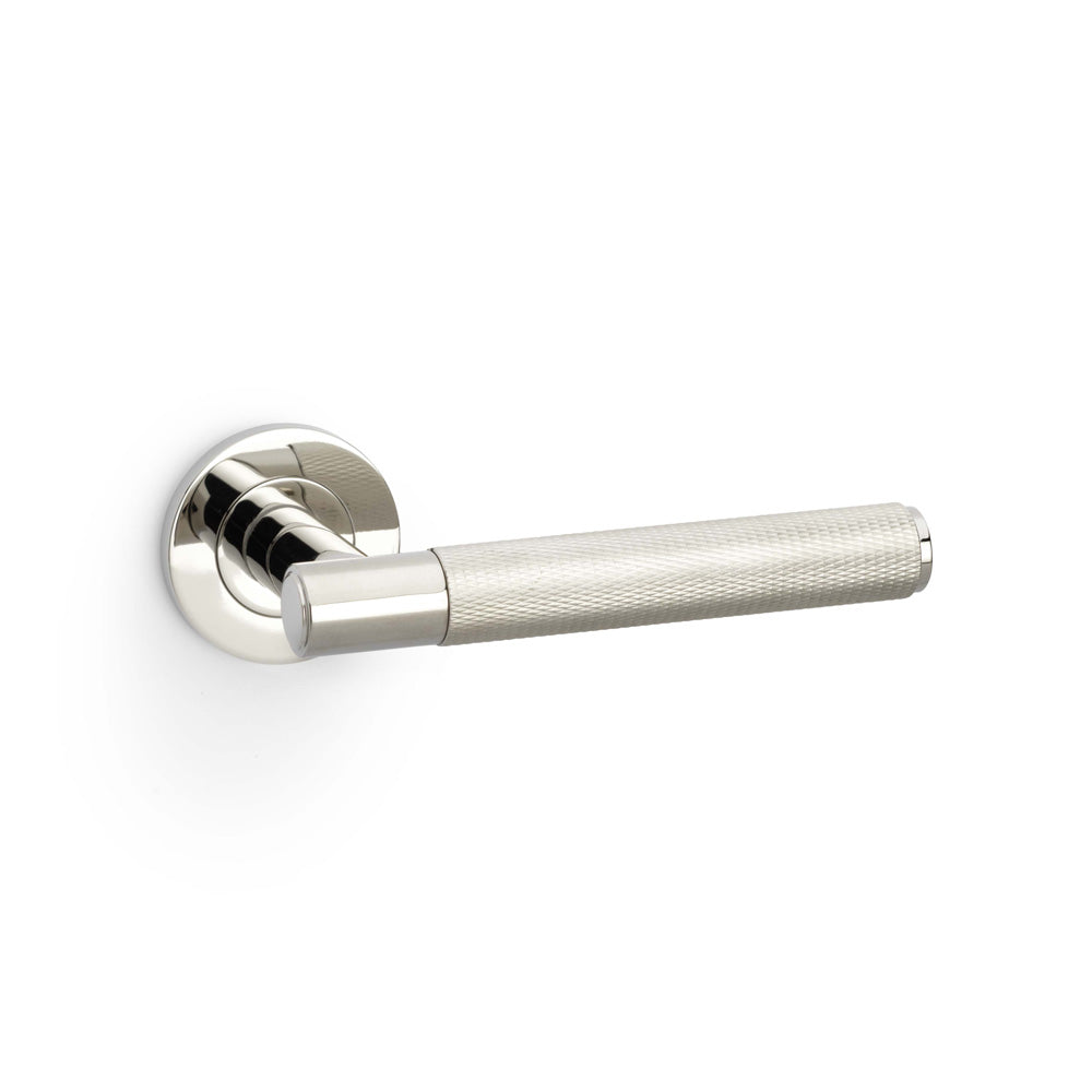 Spitfire Knurled Lever Door Handle on Round Rose - Polished Nickel PVD