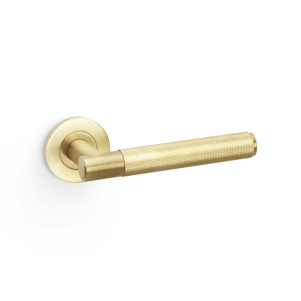 Spitfire Knurled Lever Door Handle on Round Rose - Satin Brass PVD