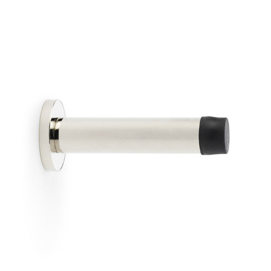 Alexander & Wilks Cylinder Projection Door Stop on Rose in Polished Nickel, solid brass, concealed fixings, and rubber stopper