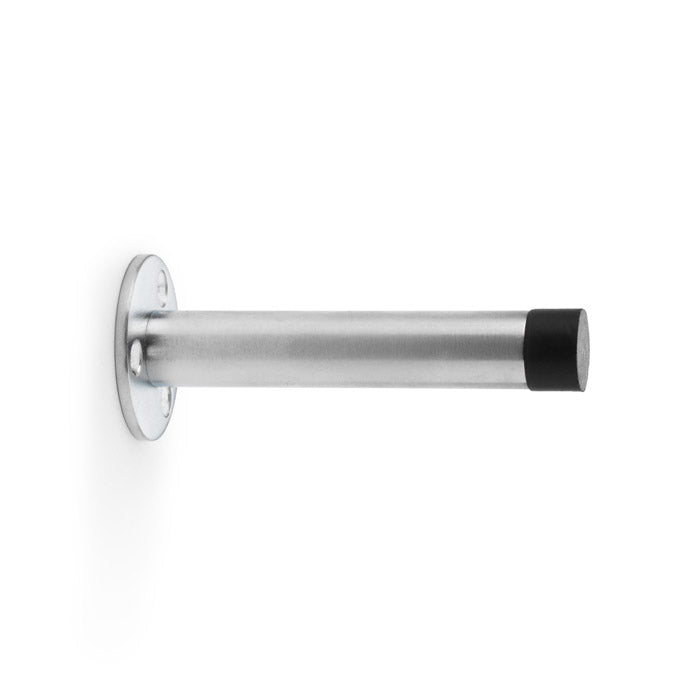 "Satin Chrome Cylinder Door Stop on Traditional Rose by Alexander & Wilks, 90mm, ideal for modern and traditional interiors"