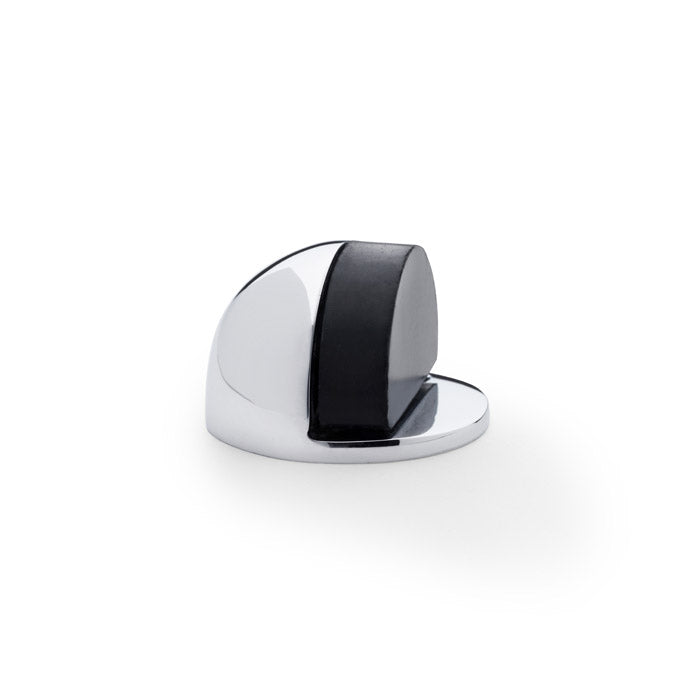 "Alexander & Wilks polished chrome floor mounted door stop in solid brass with black rubber stopper"