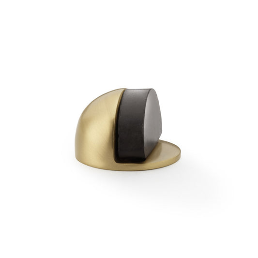 "Alexander and Wilks Shield Floor Mounted Door Stop in Satin Brass with protective rubber stopper"