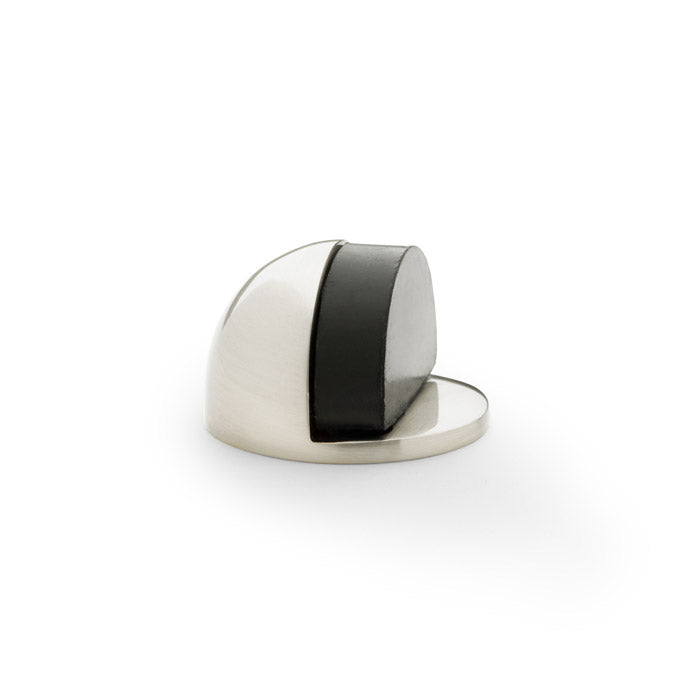 Alexander and Wilks satin nickel floor mounted door stop with black rubber, sturdy solid brass construction in traditional design