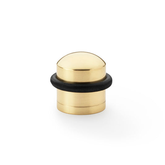 "Polished brass dome top floor mounted door stop by Alexander & Wilks, showing solid brass construction and easy installation design"