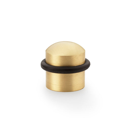 "Dome Top Floor Mounted Door Stop in Satin Brass by Alexander & Wilks, showing robust design and protective rubber detail"
