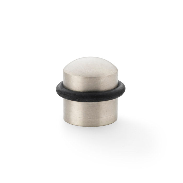 "Dome Top Floor Mounted Door Stop in Satin Nickel by Alexander & Wilks, showcasing solid brass construction and sleek finish"